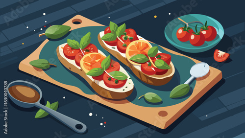 Two bruschetta with tomatoes and orange slices on a cutting board with basil and spoons nearby
