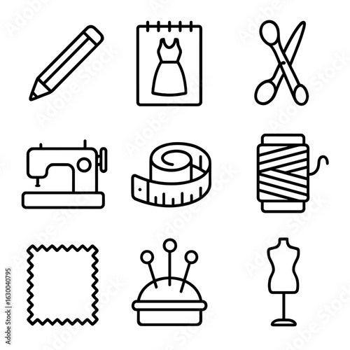Fashion Tools Icon Set. Outline icon set of fashion design tools: pencil, sketchpad, scissors, sewing machine,