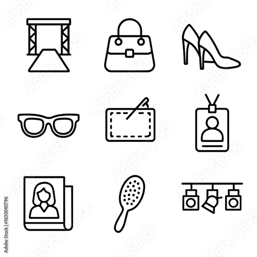 Fashion Week Icons. Outline icon set of Fashion week essentials: runway, fashion bag, high heels, sunglasses,