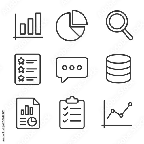 Feedback Analysis Icons. Outline icon set of feedback analysis tools: bar chart, pie chart, magnifying glass,