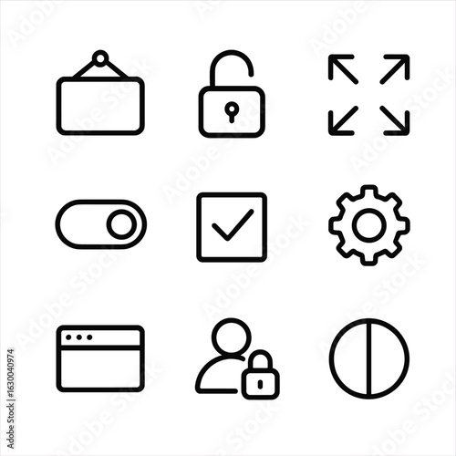 Open State Icons. Outline icon set of open states: open status icon, unlocked icon, expanded view, open switch, open checkbox,