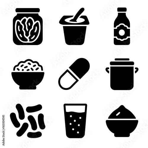 Fermented Food Icons. Solid, filled icons set of Fermentation and probiotics in food: kimchi jar, yogurt cup,