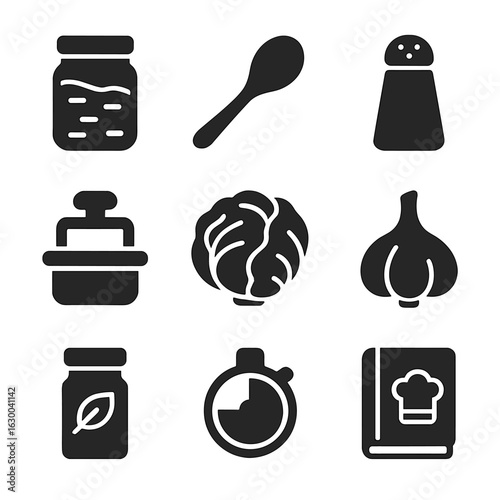 Fermented Foods Icon Set. Solid, filled icons set of Making fermented foods at home: mason jar, wooden spoon,