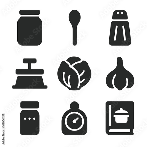 Fermented Foods Icon Set. Solid, filled icons set of Making fermented foods at home: mason jar, wooden spoon,