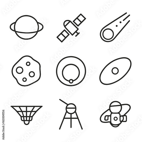 Orbit Mechanics Icons. Outline icon set of orbit mechanics: planet, satellite, comet, asteroid, orbit path, elliptical orbit,