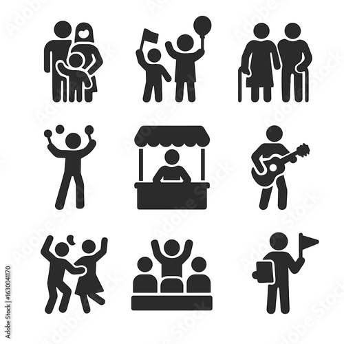 Festival Icon Set. Solid, filled icons set of festival participants: families, children, elderly, street