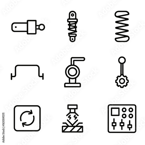 Oscillation Control Icons. Outline icon set of oscillation control devices: dampers, shock absorbers, springs, stabilizers,
