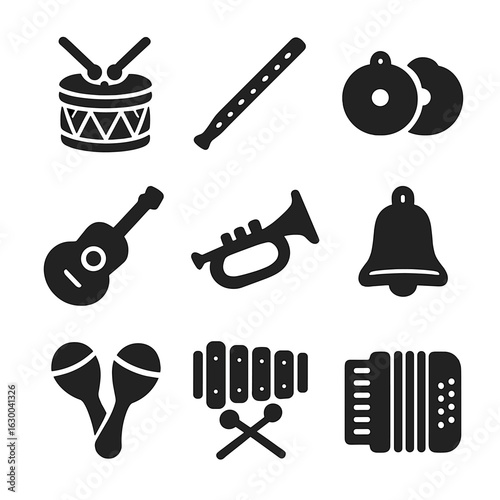 Festival Instruments Icons. Solid, filled icons set of festival music instruments: drums, flutes, cymbals,