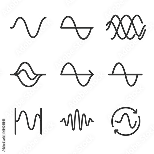 Oscillation Icon Grid. Outline icon set of harmonic oscillation: sine wave, cosine wave, wave interference, amplitude modulation,