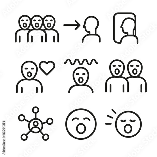 Contagious Yawning Icons. Outline icon set of contagious yawning: group of people yawning, chain reaction arrow, mirror silhouette