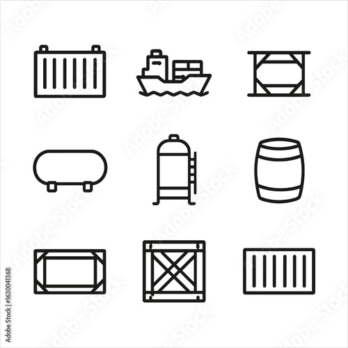 Container Icon Set. Outline icon set of container storage: shipping container, cargo ship, intermodal container, storage tank,