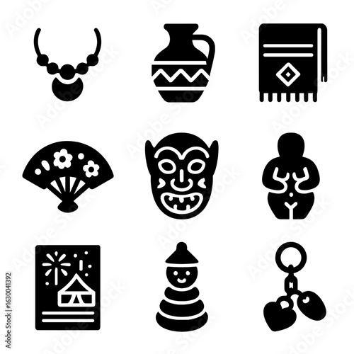 Festival Souvenir Icons. Solid, filled icons set of festival souvenirs and crafts: handmade jewelry, pottery,
