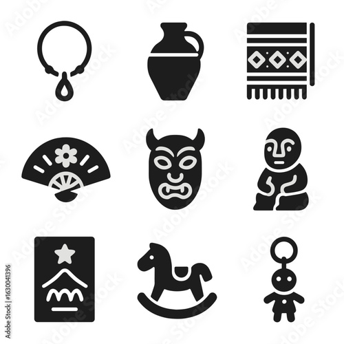 Festival Souvenir Icons. Solid, filled icons set of festival souvenirs and crafts: handmade jewelry, pottery,