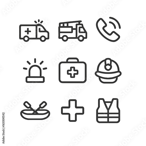 Emergency Icon Set. Outline icon set of emergency operations: ambulance, fire truck, emergency phone, siren, first aid kit,