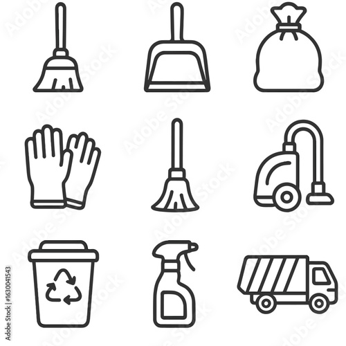 Festive Cleanup Icons. Outline icon set of festive cleanup tools: broom, dustpan, trash bag, mop, gloves,