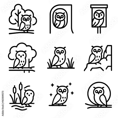 Owl Habitat Icons. Outline icon set of owl habitats: forest branch, tree hollow, nesting box, woodland canopy, grassland edge,