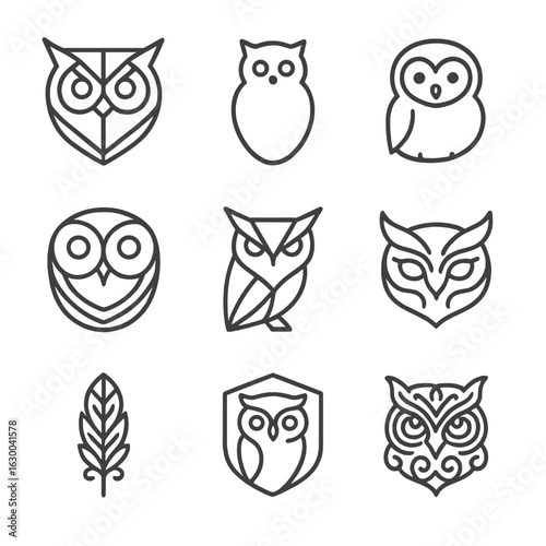 Owl and Wolf Icons. Outline icon set of decorative owl designs: geometric owl face, stylized owl silhouette, minimal owl icon,