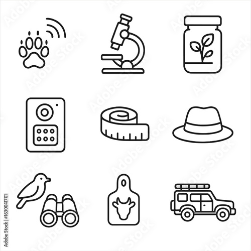 Field Biology Icons. Outline icon set of field biology: animal tracking, microscope, specimen jar, wildlife