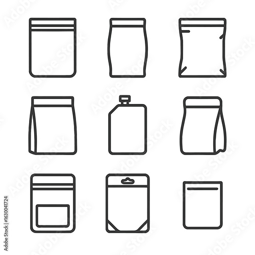 Packaging Pouch Icons. Outline icon set of packaging pouches: ziplock pouch, stand-up pouch, foil pouch, kraft paper pouch, spout