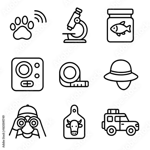 Field Biology Icons. Outline icon set of field biology: animal tracking, microscope, specimen jar, wildlife