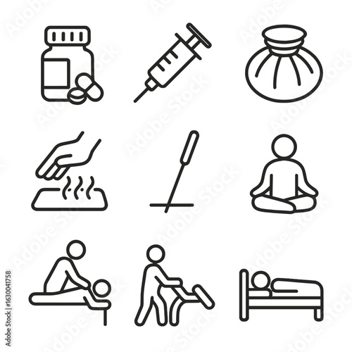 Pain Relief Icons. Outline icon set of pain relief methods: pill bottle, injection, ice pack, heating pad, massage hand,