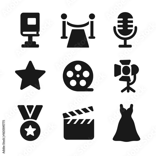 Film Awards Icons. Solid, filled icons set of Film awards for book adaptations: trophy, red carpet, microphone