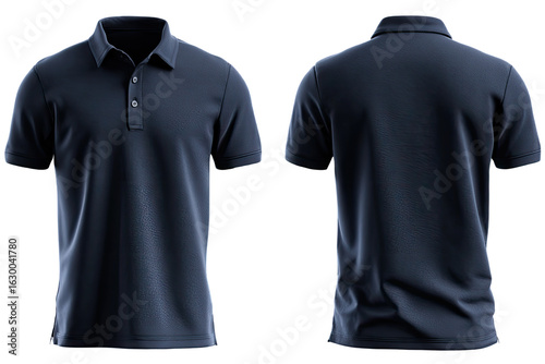 Front and back view of a navy blue polo shirt