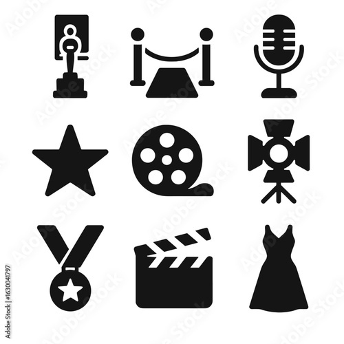 Film Awards Icons. Solid, filled icons set of Film awards for book adaptations: trophy, red carpet, microphone