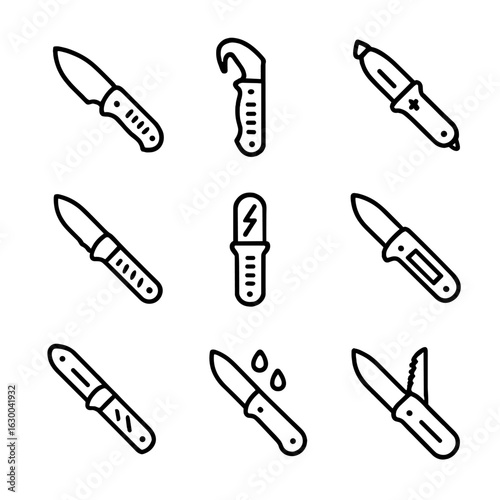 Emergency Knife Icons. Outline icon set of emergency knives: rescue knife, seatbelt cutter, window breaker knife, survival tool