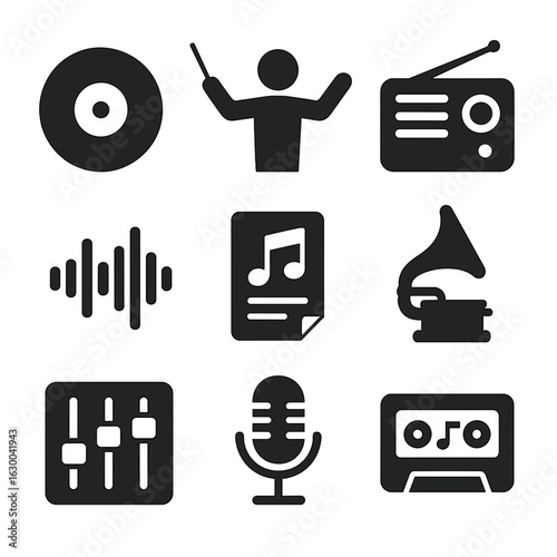 Film Sound Icons. Solid, filled icons set of film sound and music: vinyl record, orchestral conductor, vintage