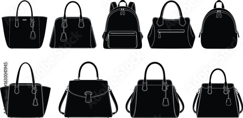 Black handbag silhouette collection, women’s fashion accessory set, elegant purse icons, stylish tote and backpack vector, isolated bag illustration