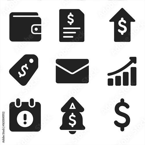 Finance Icons Grid. Solid, filled icons set of personal finance tracking: wallet icon, bank statement, income