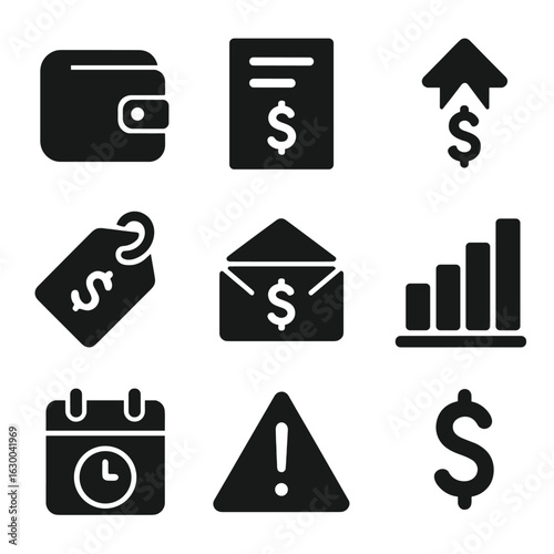 Finance Icons Grid. Solid, filled icons set of personal finance tracking: wallet icon, bank statement, income