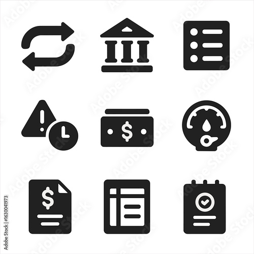 Financial Icon Set. Solid, filled icons set of small business cash flow management: income-outcome arrows,