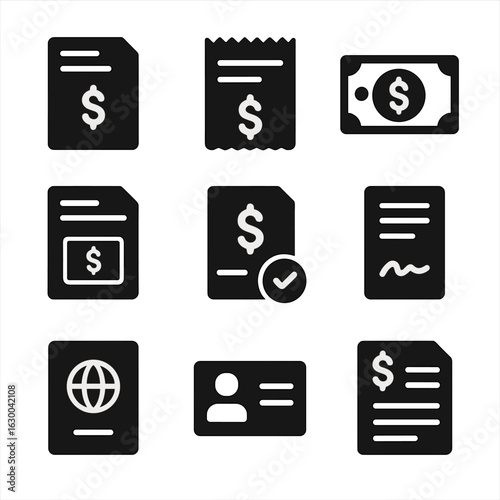 Financial Icons Grid. Solid, filled icons set of financial documents for foreign payments: invoice, receipt,