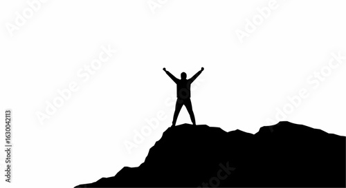 Silhouette of a person with arms raised standing on a mountain peak against a white background