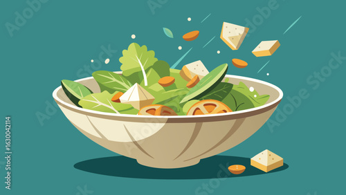 A bowl of salad with lettuce tomatoes croutons and carrots on a teal background in illustration style