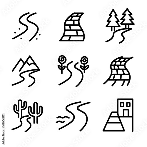 Path Icon Set. Outline icon set of path types: dirt trail, paved walkway, forest path, mountain trail, garden path, cobblestone