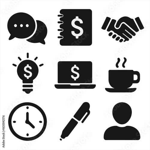 Financial Icons Grid. Solid, filled icons set of Financial advice sessions: speech bubbles, notebook,