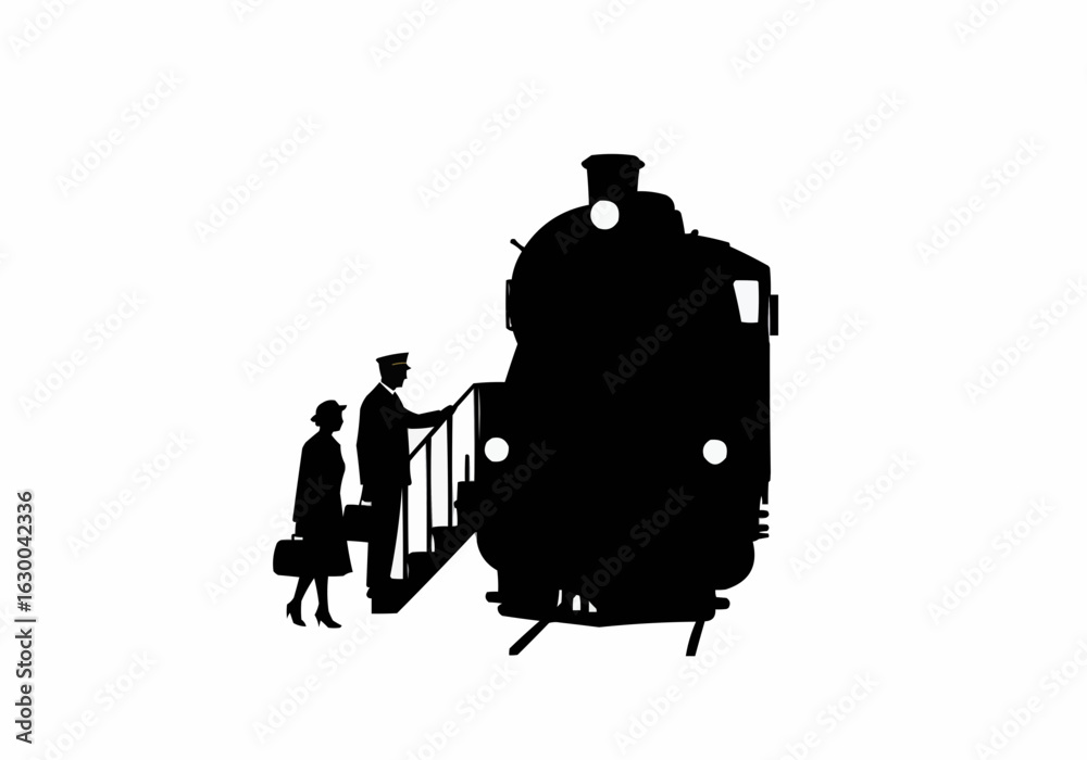 Fototapeta premium Silhouette of a woman and train conductor boarding a steam train on a white background image