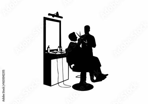 Silhouette of barber giving a haircut to a customer in a barber shop with mirror and table near by