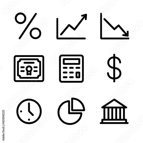 Financial Icon Grid. Outline icon set of interest rates and bonds: percentage sign, rising graph, falling