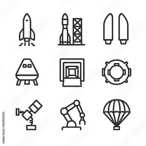 Payload Icon Set. Outline icon set of payload delivery systems: rocket, launch pad, payload fairing, spacecraft, cargo bay,