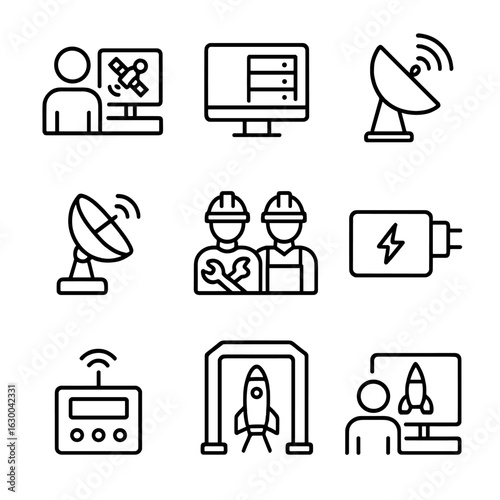 Payload Support Icons. Outline icon set of payload ground support: mission control, data processing, communication antenna,