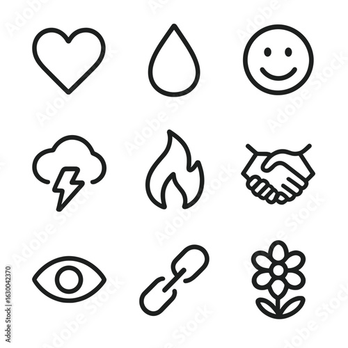 Emotion Icons Set. Outline icon set of origin of emotions: heart, tear drop, smile, thunder cloud, flame, hands shaking, eye,