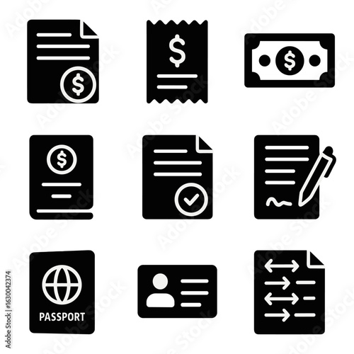 Financial Icons Grid. Solid, filled icons set of financial documents for foreign payments: invoice, receipt,