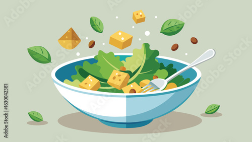 A vibrant salad with lettuce croutons and basil leaves in a blue bowl with a fork on a light background