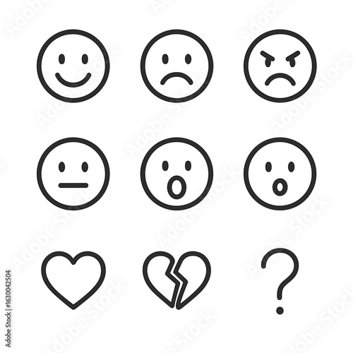 Emotional Icon Set. Outline icon set of emotional contrast: happy face, sad face, angry face, calm face, shock expression,