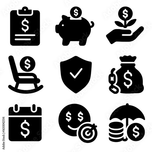 Financial Planning Icons. Solid, filled icons set of financial planning: budget, savings, investment,