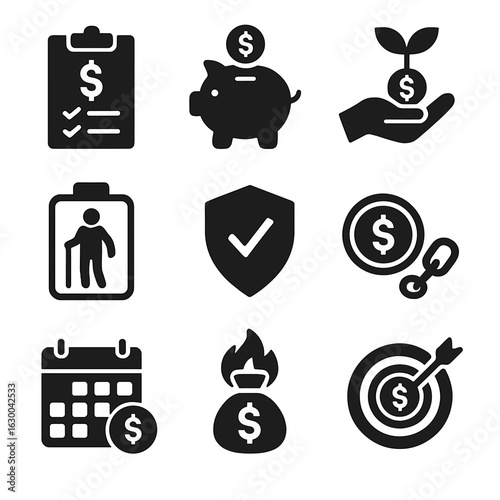 Financial Planning Icons. Solid, filled icons set of financial planning: budget, savings, investment,